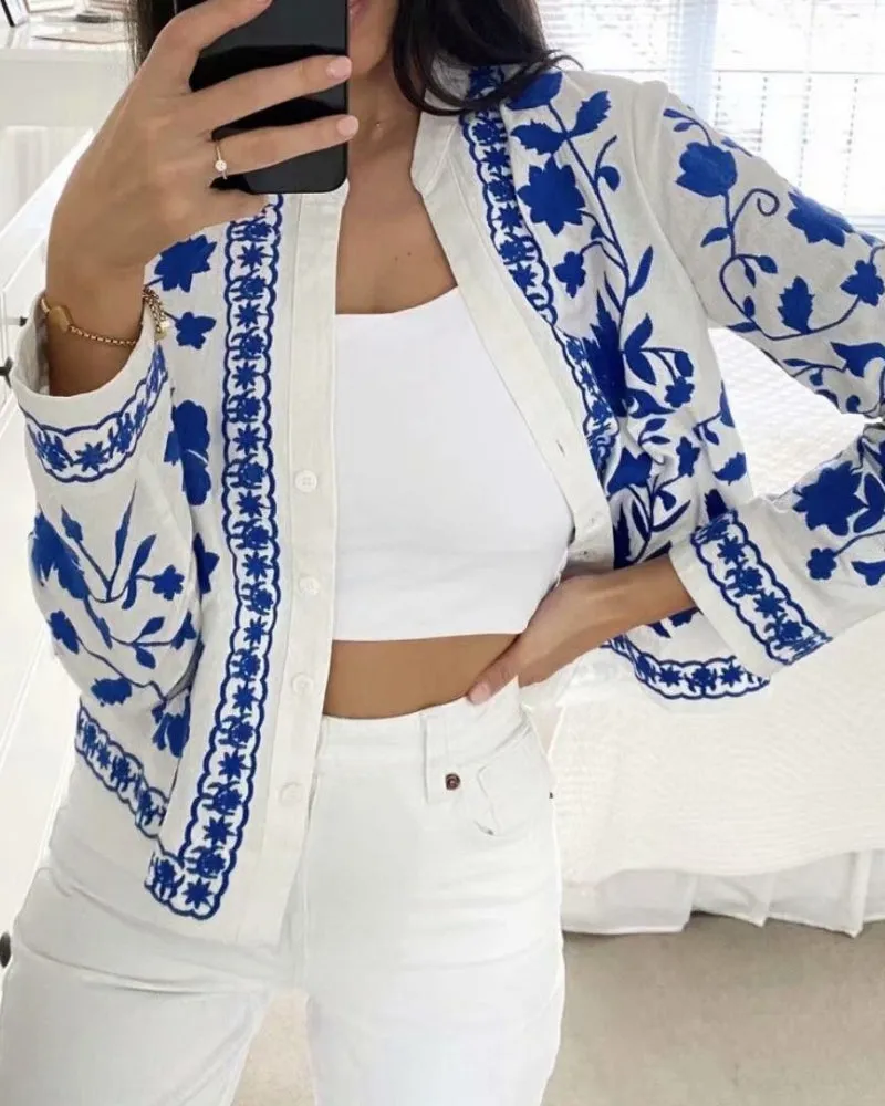 Single-breasted Floral Embroidery Shirts Cardigans