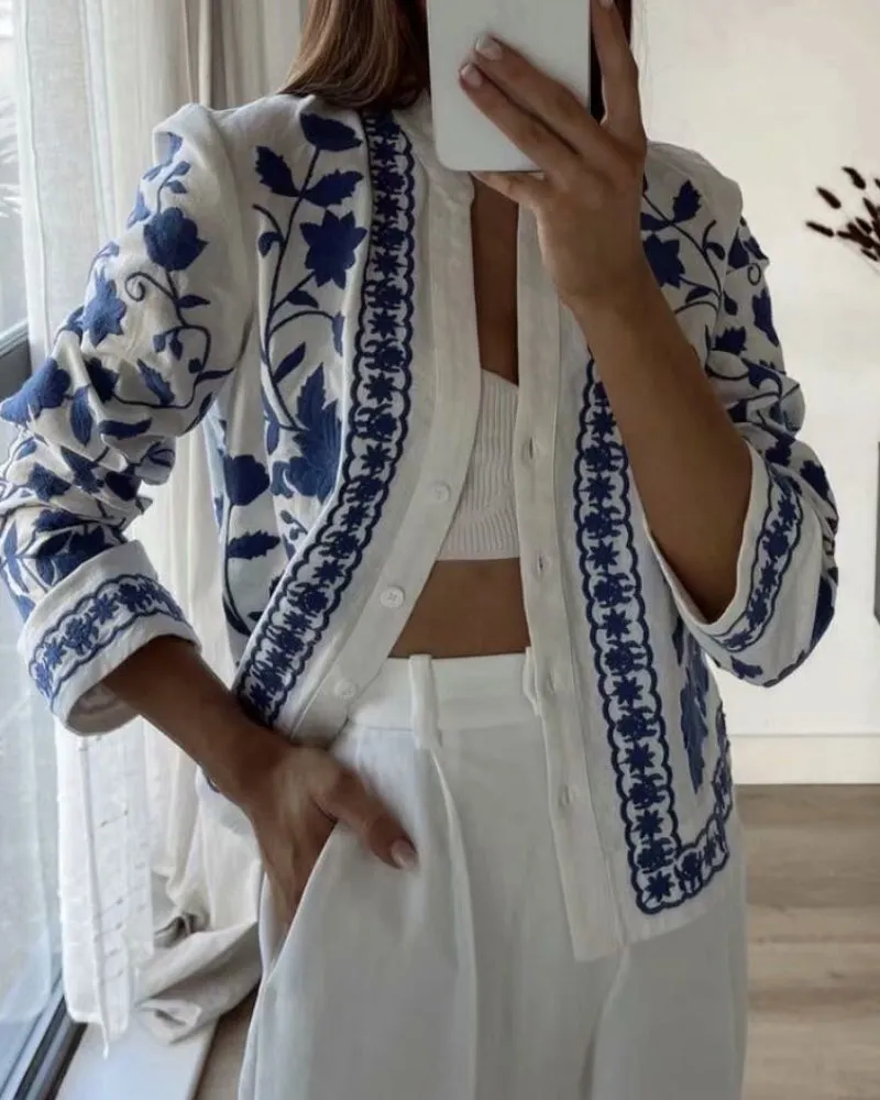 Single-breasted Floral Embroidery Shirts Cardigans