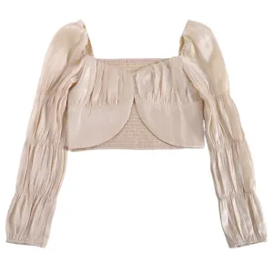 Smocked Long Sleeve Cropped Blouse