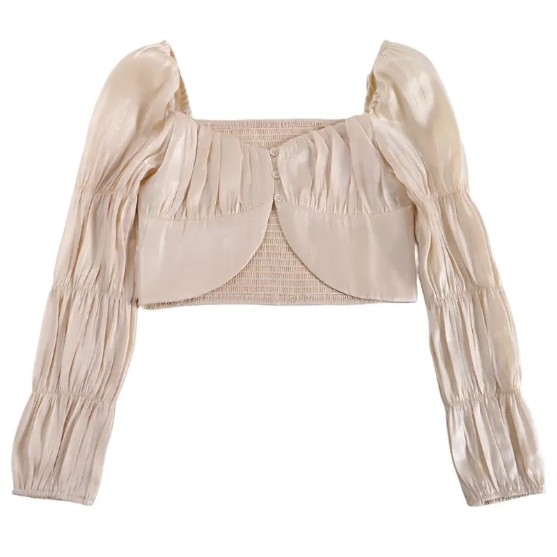 Smocked Long Sleeve Cropped Blouse