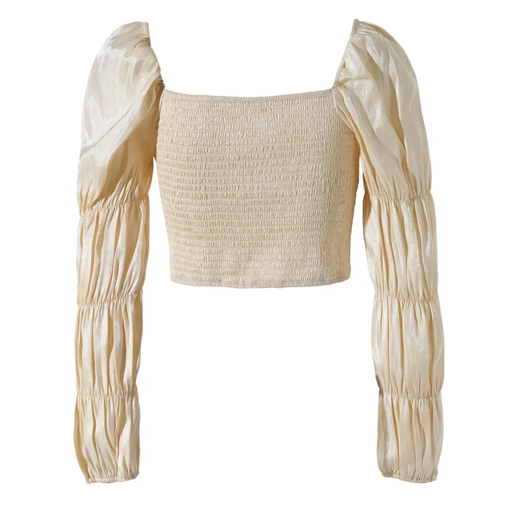 Smocked Long Sleeve Cropped Blouse