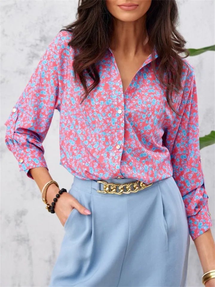 Spring Autumn Extra Loose Contrast Color Floral Elegant Lady Blouses