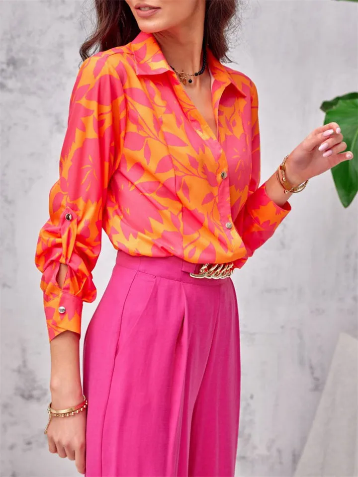 Spring Autumn Extra Loose Contrast Color Floral Elegant Lady Blouses
