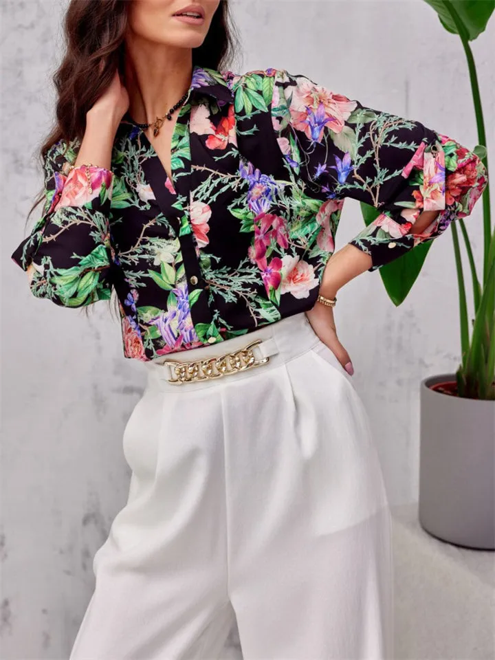 Spring Autumn Extra Loose Contrast Color Floral Elegant Lady Blouses