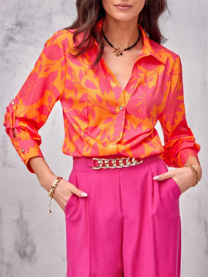 Spring Autumn Extra Loose Contrast Color Floral Elegant Lady Blouses