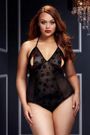 SS-Lace Bodysuit with Bra Slits and Bow | Plus Size