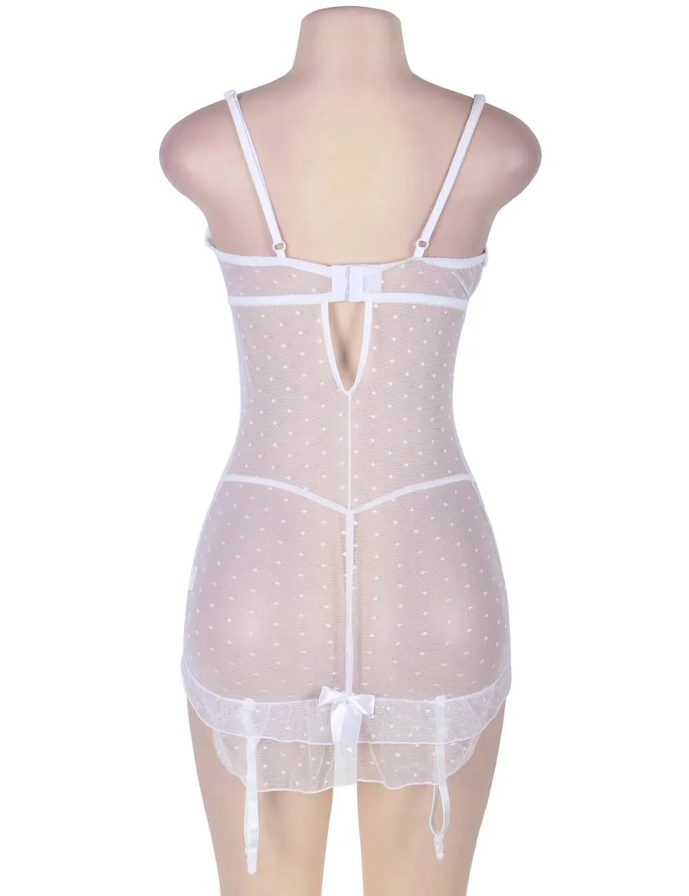 Stretch Egypt Lace and Dot Mesh White Garter Slip Set With Underwire