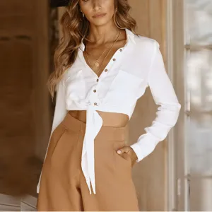 Summer Women's Long Sleeve Single-Breasted Shirt Short High Waist Strap Shirt