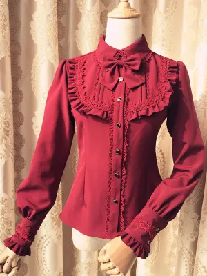 Sweet Lolita Blouse Red Long Sleeve Turndown Collar Bow Ruffled Winter Lolita Shirt
