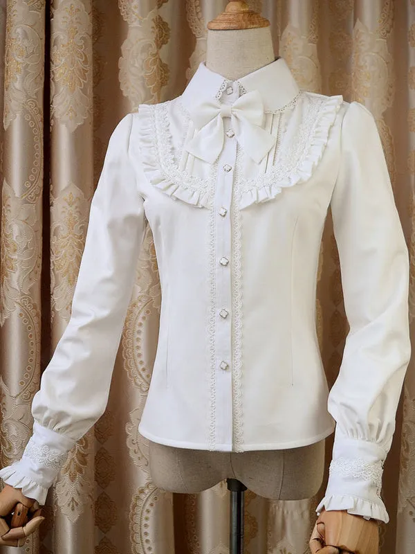 Sweet Lolita Blouse Red Long Sleeve Turndown Collar Bow Ruffled Winter Lolita Shirt