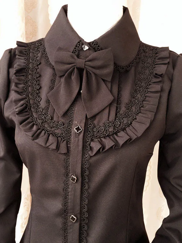 Sweet Lolita Blouse Red Long Sleeve Turndown Collar Bow Ruffled Winter Lolita Shirt