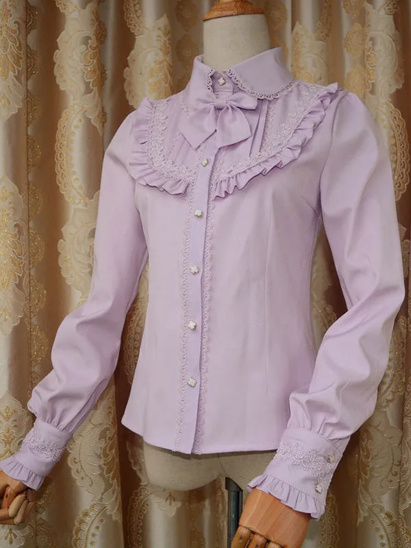 Sweet Lolita Blouse Red Long Sleeve Turndown Collar Bow Ruffled Winter Lolita Shirt