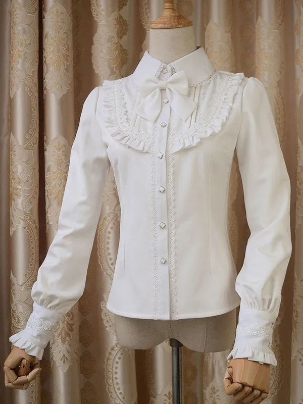Sweet Lolita Blouse Red Long Sleeve Turndown Collar Bow Ruffled Winter Lolita Shirt