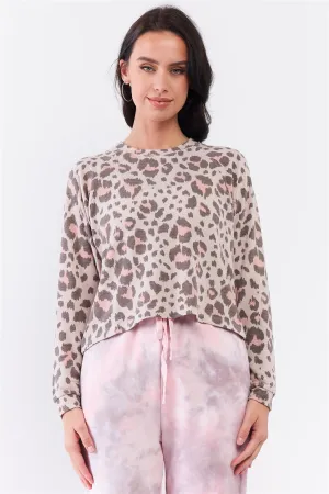 Taupe & Pink Leopard Print Crew Neck Relaxed Long Sleeve Top