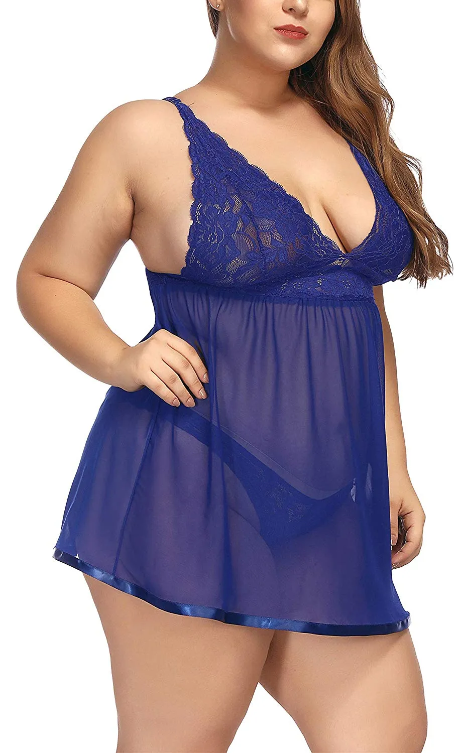 TGD Lingerie Plus Size Babydoll Set for Women V Neck Lace Chemise