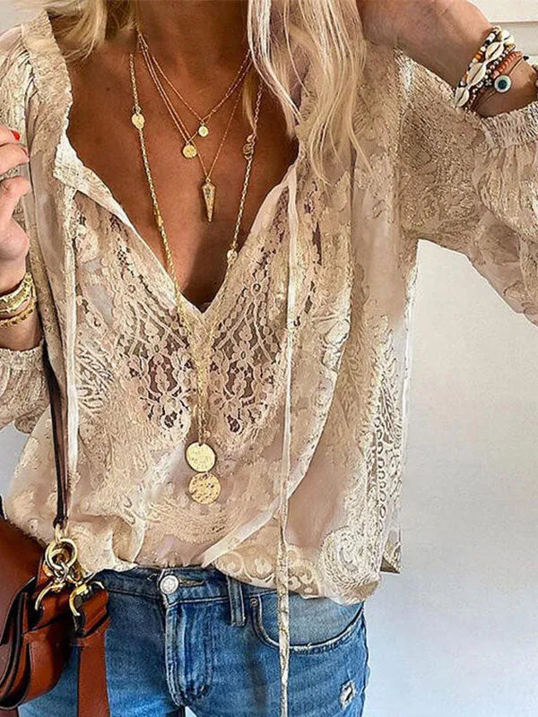 Tie Neck Lace Long Sleeve Blouse