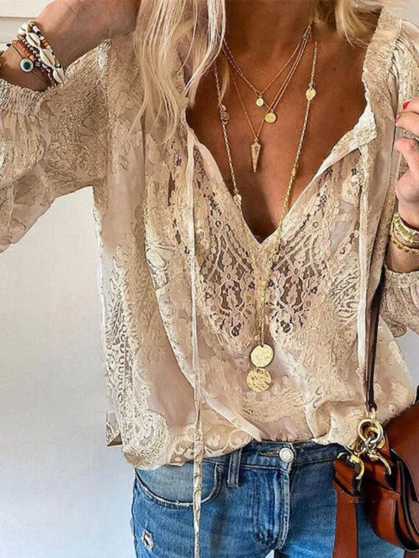 Tie Neck Lace Long Sleeve Blouse