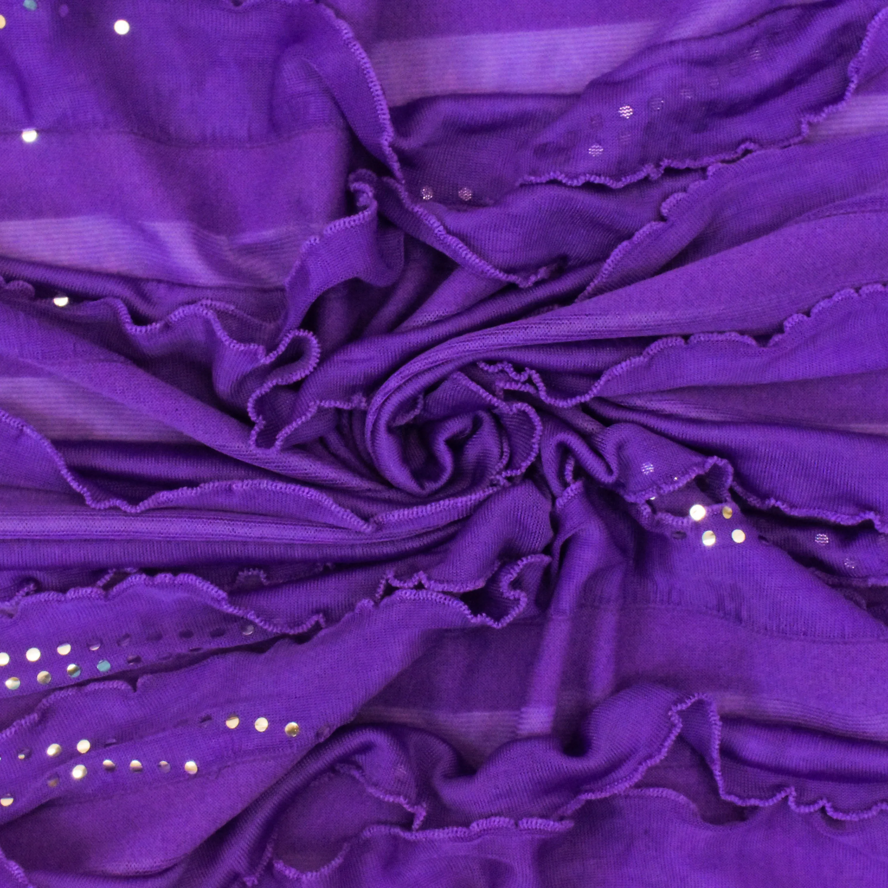 Ultra Purple-Silver Foil Dot Printed Stretch Poly Ruffle Knit Fabric