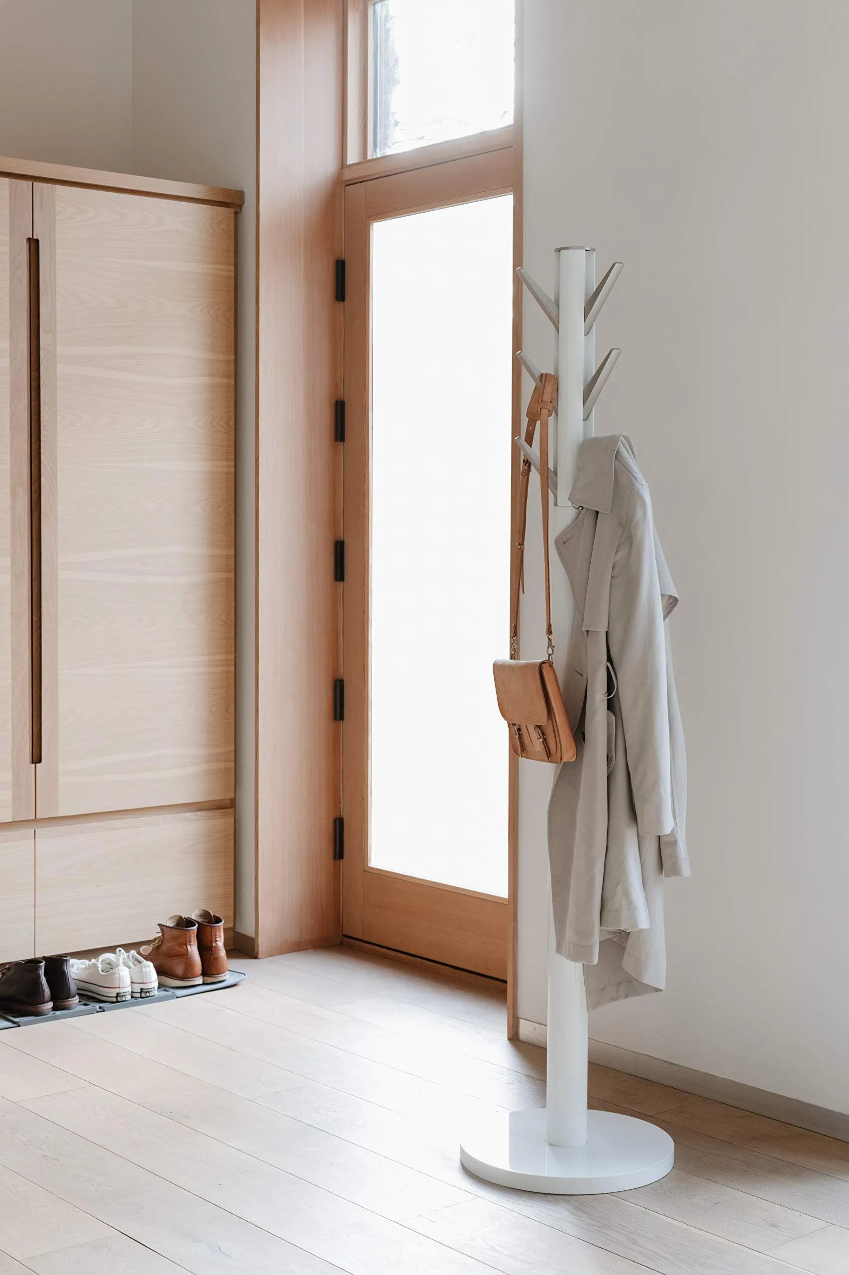 Umbra Flapper Coat Rack, Clothing Hanger, Umbrella Holder, and Hat Organizer, Great for Entryway, White/Nickel