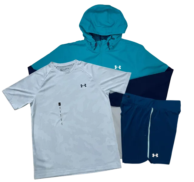 Under Armour Velocity Jacquard T-Shirt - Windrunner - Speedpocket Shorts Outfit - White/Blue