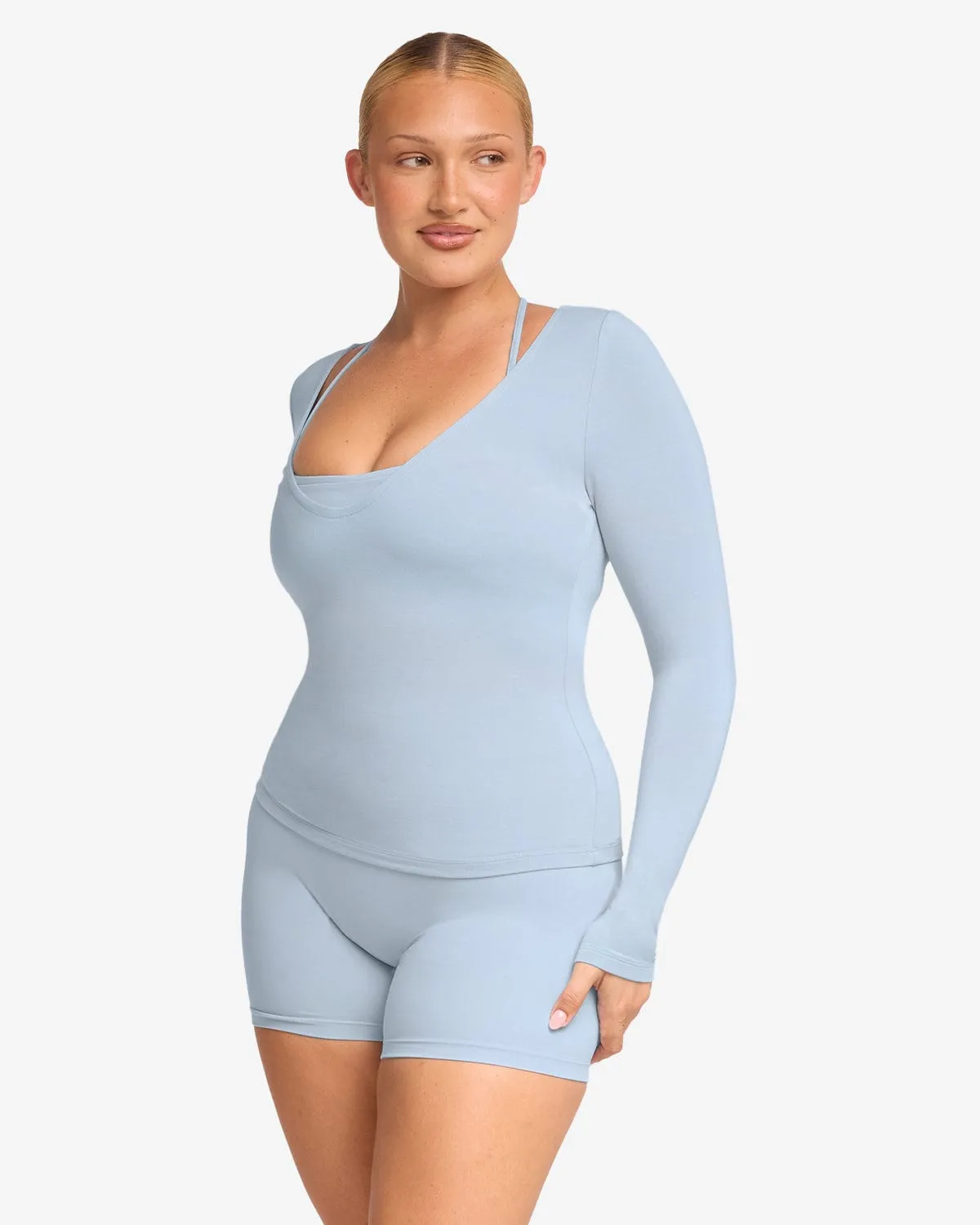 V Neck Long Sleeve Top | Dusty Blue