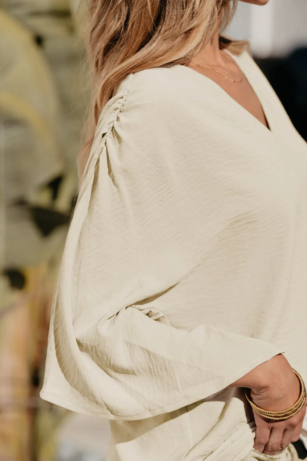 V Neck Wide Sleeve Crinkled Blouse