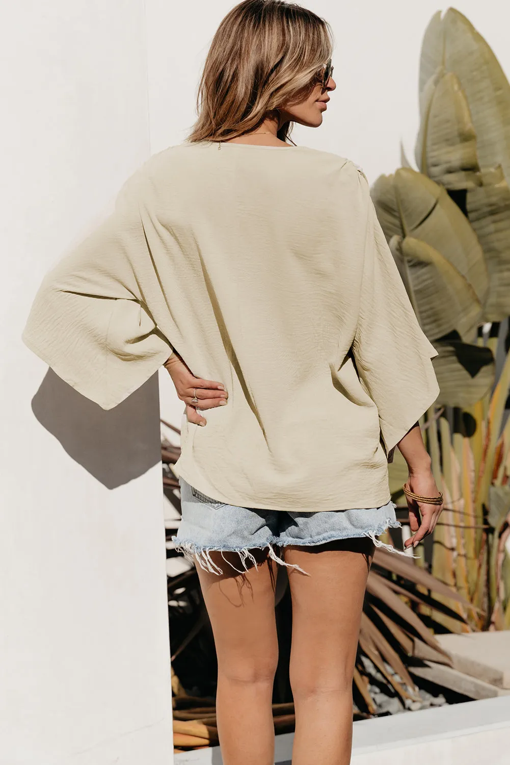 V Neck Wide Sleeve Crinkled Blouse