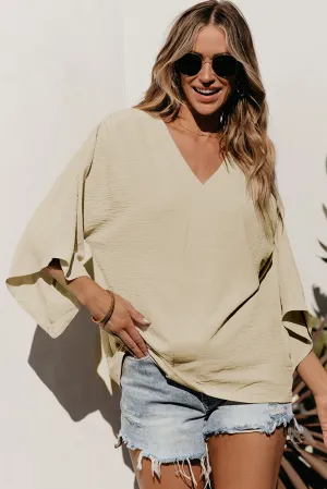 V Neck Wide Sleeve Crinkled Blouse
