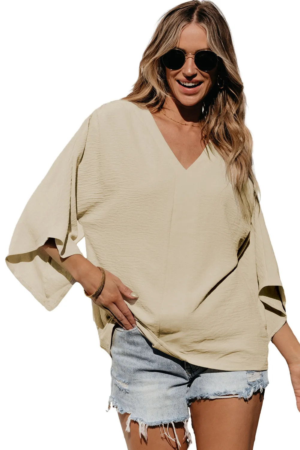 V Neck Wide Sleeve Crinkled Blouse