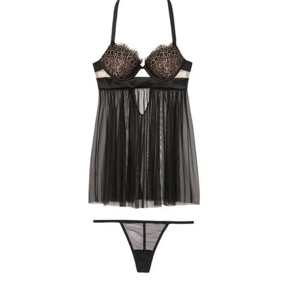 Victoria's Secret Valentines Lingerie Babydoll black slip lace 36D