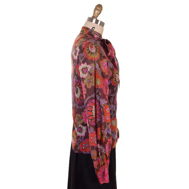 Vintage Blouse Gauzy Brown & Hot Pink Mod FLoral 1970s S-M