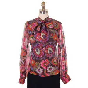 Vintage Blouse Gauzy Brown & Hot Pink Mod FLoral 1970s S-M