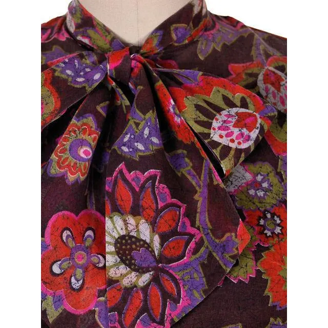 Vintage Blouse Gauzy Brown & Hot Pink Mod FLoral 1970s S-M