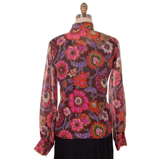 Vintage Blouse Gauzy Brown & Hot Pink Mod FLoral 1970s S-M