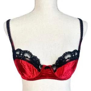 Vintage Victoria’s Secret Red Satin Black Lace Bra Size 34B 90s Pin Up Lingerie