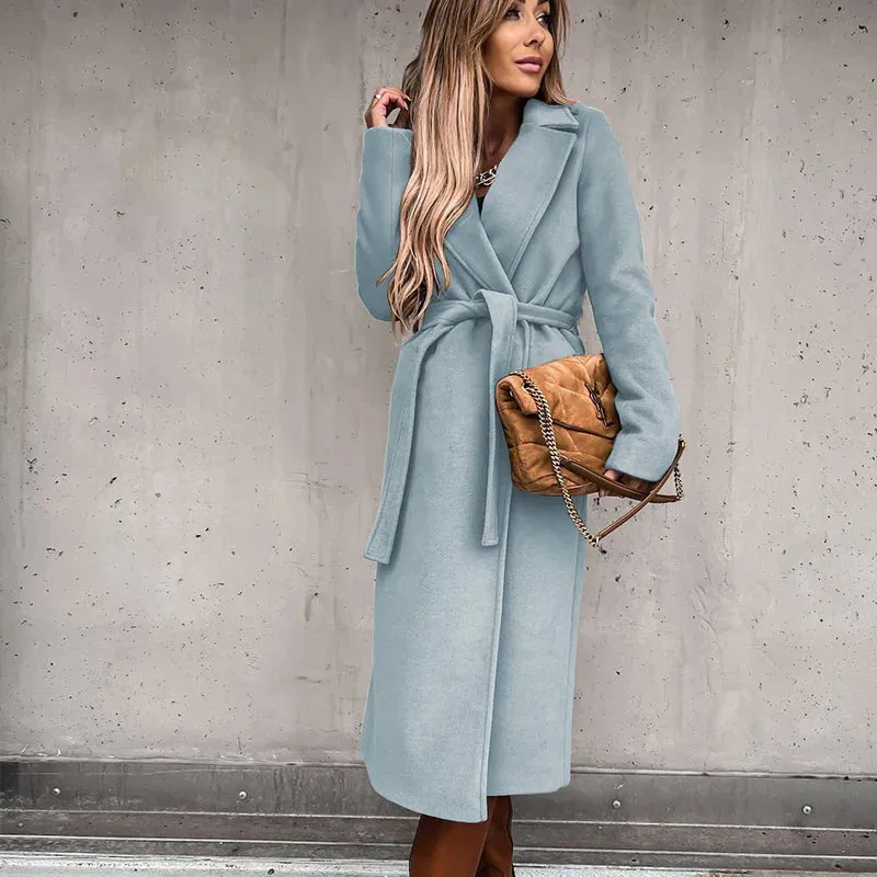 Warm Long Women Woolen Coat with Belt Casual Elegant Solid Color Female Windbreakers Overcoat