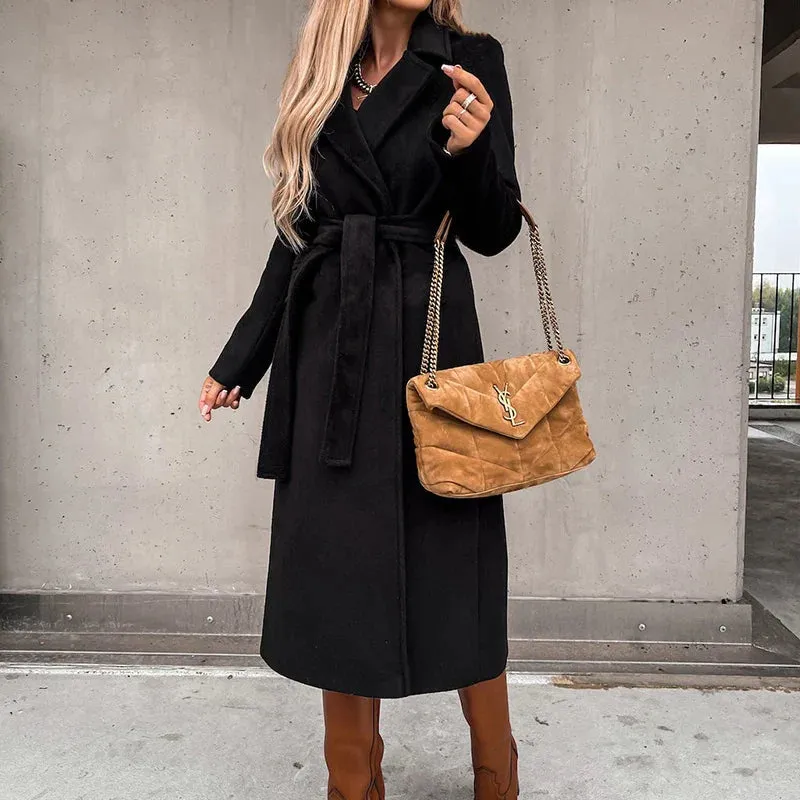 Warm Long Women Woolen Coat with Belt Casual Elegant Solid Color Female Windbreakers Overcoat
