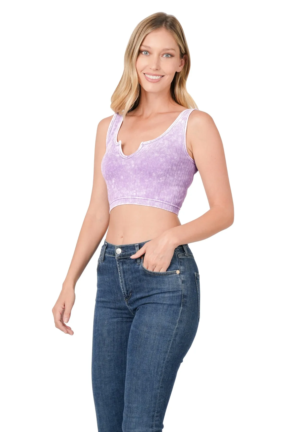 WASHED RIBBED CROPPED KEYHOLE CUTOUT TANK TOP-LAVENDER