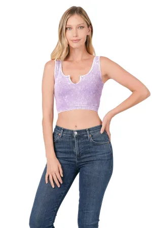 WASHED RIBBED CROPPED KEYHOLE CUTOUT TANK TOP-LAVENDER