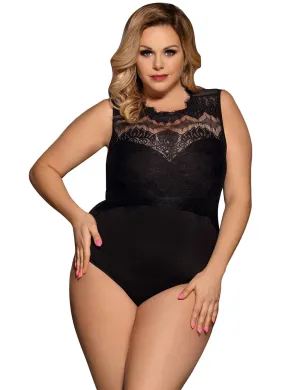 White & Black  Sexy Eyelash Lace Open Crotch Sleeveless Bodysuit