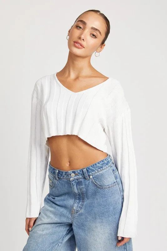 Wide Sleeve V Neck Rib Top