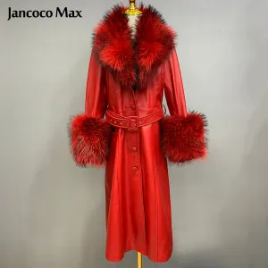 Winter Fashion Windbreaker Women Luxury Long Leather Jackets Fur Collar