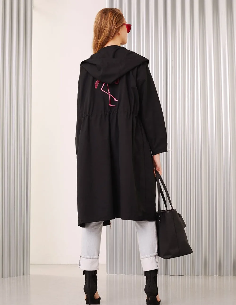 Women Mf Passion Flamingo Zip Up Hoodie Rope Trench Coat