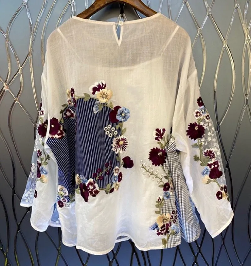Women Prints Patchwork Casual Loose Blouses