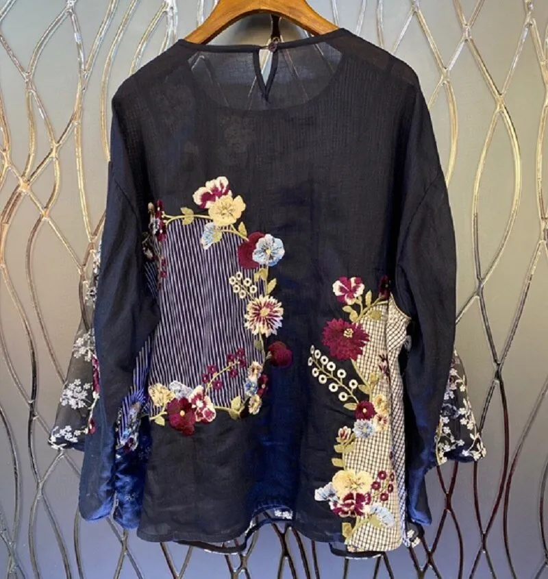 Women Prints Patchwork Casual Loose Blouses
