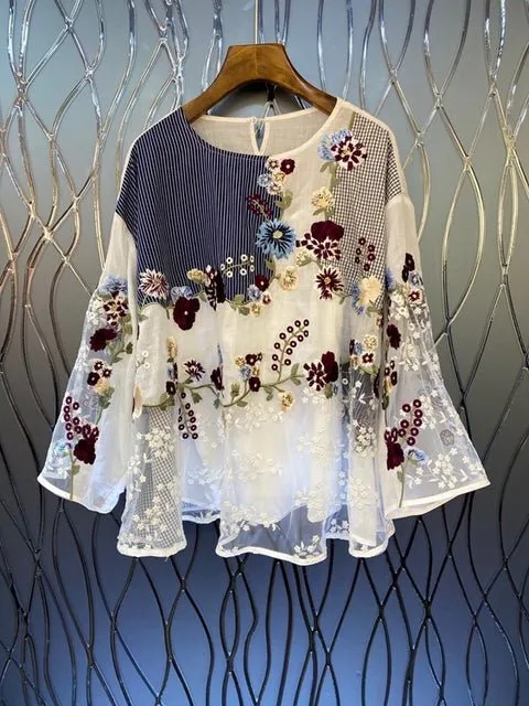 Women Prints Patchwork Casual Loose Blouses