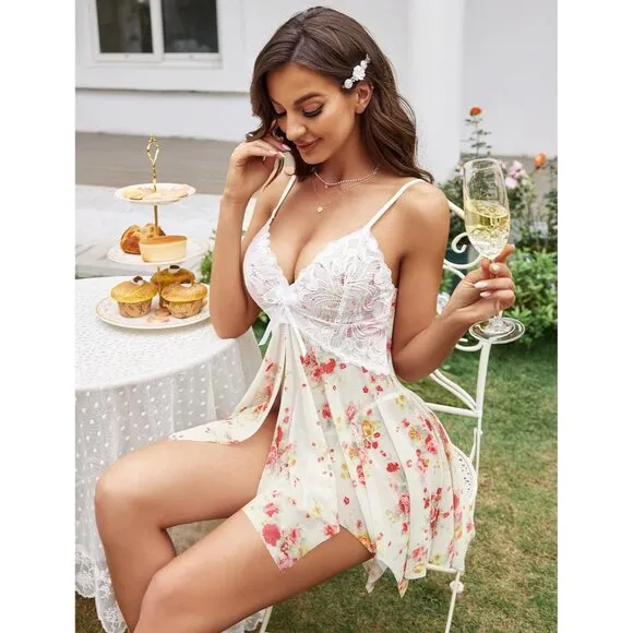 Women Rose Print Lingerie Lace Babydoll Sleepwear Boudoir Outfits Plus Size