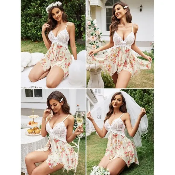 Women Rose Print Lingerie Lace Babydoll Sleepwear Boudoir Outfits Plus Size
