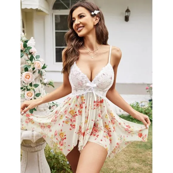 Women Rose Print Lingerie Lace Babydoll Sleepwear Boudoir Outfits Plus Size