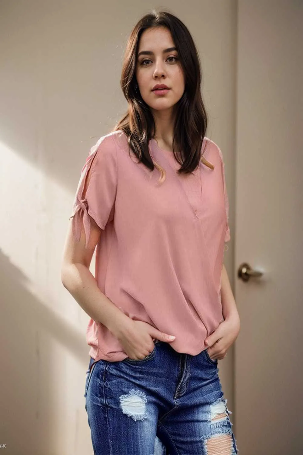 women s blouses loose solid belted long sleeve blouse